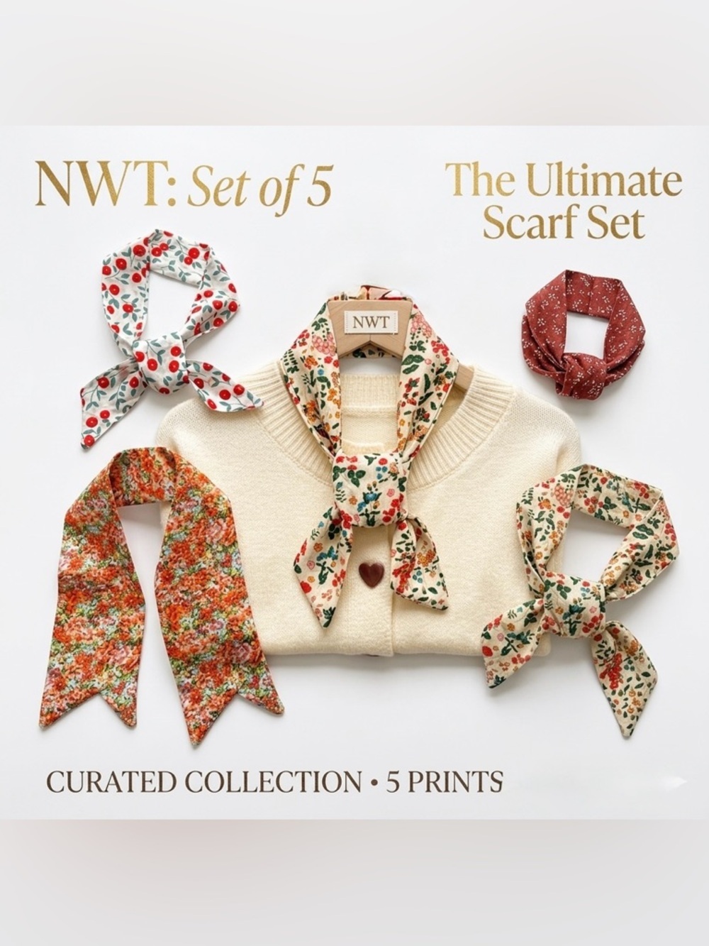 NWT Set of 5 Floral Twilly Scarves • 38" Skinny Silk-Feel Ribbons • Cottagecore
